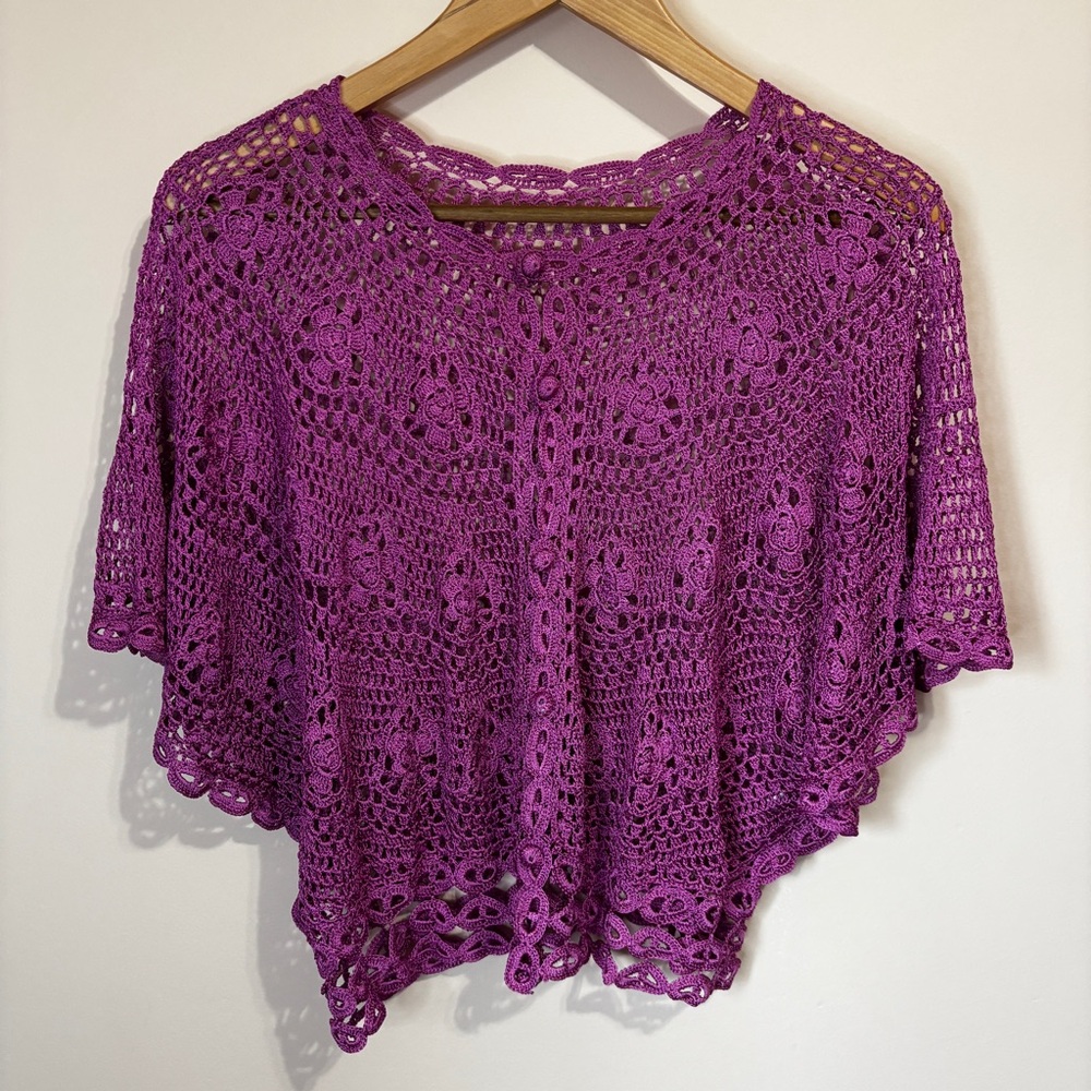 Purple Crochet Women's Cardigan With Buttons Cottagecore Granny Layering Shirt